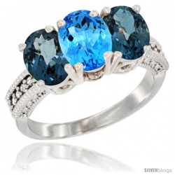 14K White Gold Natural Swiss Blue Topaz & London Blue Topaz Sides Ring 3-Stone 7x5 mm Oval Diamond Accent