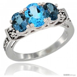 14K White Gold Natural Swiss Blue Topaz & London Blue Ring 3-Stone Oval with Diamond Accent