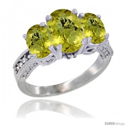 10K White Gold Ladies Natural Lemon Quartz Oval 3 Stone Ring Diamond Accent