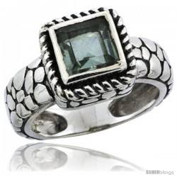 Sterling Silver Bali Inspired Square Ring w/ 6mm Princess Cut Natural Green Amethyst Stone, 7/16 in. (11 mm) wide