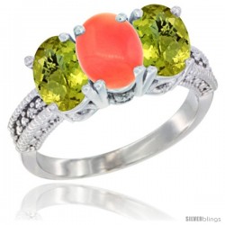 10K White Gold Natural Coral & Lemon Quartz Sides Ring 3-Stone Oval 7x5 mm Diamond Accent