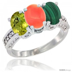 10K White Gold Natural Lemon Quartz, Coral & Malachite Ring 3-Stone Oval 7x5 mm Diamond Accent