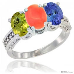 10K White Gold Natural Lemon Quartz, Coral & Tanzanite Ring 3-Stone Oval 7x5 mm Diamond Accent