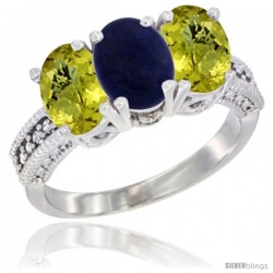 10K White Gold Natural Lapis & Lemon Quartz Sides Ring 3-Stone Oval 7x5 mm Diamond Accent