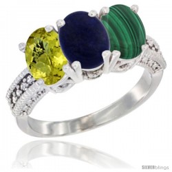 10K White Gold Natural Lemon Quartz, Lapis & Malachite Ring 3-Stone Oval 7x5 mm Diamond Accent