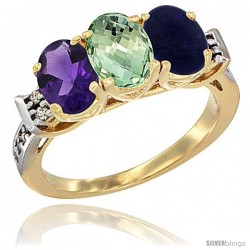 10K Yellow Gold Natural Amethyst, Green Amethyst & Lapis Ring 3-Stone Oval 7x5 mm Diamond Accent