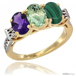 10K Yellow Gold Natural Amethyst, Green Amethyst & Malachite Ring 3-Stone Oval 7x5 mm Diamond Accent