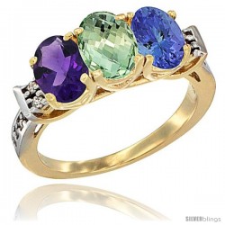 10K Yellow Gold Natural Amethyst, Green Amethyst & Tanzanite Ring 3-Stone Oval 7x5 mm Diamond Accent