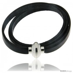 Surgical Steel Italian Leather Wrap Massai Bracelet w/ Super Magnet Clasp, Color Black