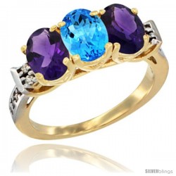 10K Yellow Gold Natural Swiss Blue Topaz & Amethyst Sides Ring 3-Stone Oval 7x5 mm Diamond Accent