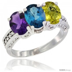 10K White Gold Natural Amethyst, London Blue Topaz & Lemon Quartz Ring 3-Stone Oval 7x5 mm Diamond Accent