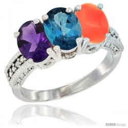 10K White Gold Natural Amethyst, London Blue Topaz & Coral Ring 3-Stone Oval 7x5 mm Diamond Accent