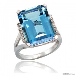 Sterling Silver Diamond Natural London Blue Topaz Ring 12 ct Natural Emerald Cut 16x12 stone 3/4 in wide