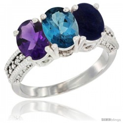 10K White Gold Natural Amethyst, London Blue Topaz & Lapis Ring 3-Stone Oval 7x5 mm Diamond Accent