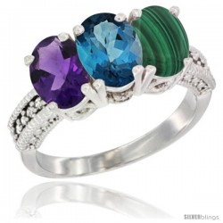 10K White Gold Natural Amethyst, London Blue Topaz & Malachite Ring 3-Stone Oval 7x5 mm Diamond Accent