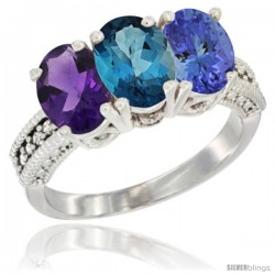 10K White Gold Natural Amethyst, London Blue Topaz & Tanzanite Ring 3-Stone Oval 7x5 mm Diamond Accent