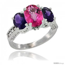 10K White Gold Ladies Natural Pink Topaz Oval 3 Stone Ring with Amethyst Sides Diamond Accent