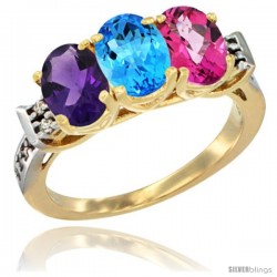 10K Yellow Gold Natural Amethyst, Swiss Blue Topaz & Pink Topaz Ring 3-Stone Oval 7x5 mm Diamond Accent