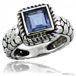 Sterling Silver Bali Inspired Square Ring w/ 6mm Princess Cut Natural Blue Topaz Stone, 7/16 in. (11 mm) wide