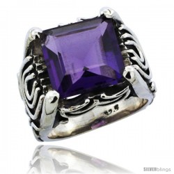 Sterling Silver Bali Inspired Horseshoe Design Square Ring w/ 12mm Princess Cut Natural Amethyst Stone, 19/32 in. (15 mm) wide