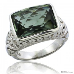 Sterling Silver Bali Inspired Rectangular Filigree Ring w/ 14x10mm Checkerboard Cut Natural Green Amethyst Stone, 15/32 in