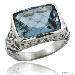 Sterling Silver Bali Inspired Rectangular Filigree Ring w/ 14x10mm Checkerboard Cut Natural Blue Topaz Stone, 15/32 in. (12 mm)