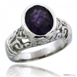 Sterling Silver Bali Inspired Oval Filigree Ring w/ 10x8mm Oval Cut Natural Amethyst Stone, 15/32 in. (12 mm) wide
