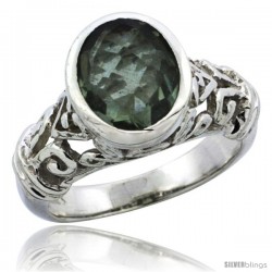 Sterling Silver Bali Inspired Oval Filigree Ring w/ 10x8mm Oval Cut Natural Green Amethyst Stone, 15/32 in. (12 mm) wide