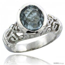 Sterling Silver Bali Inspired Oval Filigree Ring w/ 10x8mm Oval Cut Natural Blue Topaz Stone, 15/32 in. (12 mm) wide