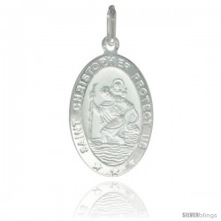 Sterling Silver Saint Christopher Medal 7/8 x 1/2 in Oval Made in Italy, Free 24 in Surgical Steel Chain