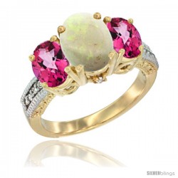 14K Yellow Gold Ladies 3-Stone Oval Natural Opal Ring with Pink Topaz Sides Diamond Accent