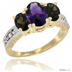 14k Yellow Gold Ladies Oval Natural Amethyst 3-Stone Ring with Smoky Topaz Sides Diamond Accent