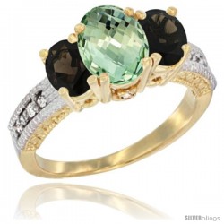 14k Yellow Gold Ladies Oval Natural Green Amethyst 3-Stone Ring with Smoky Topaz Sides Diamond Accent