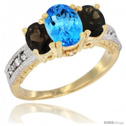 14k Yellow Gold Ladies Oval Natural Swiss Blue Topaz 3-Stone Ring with Smoky Topaz Sides Diamond Accent