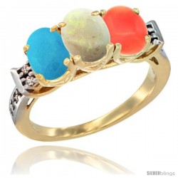 10K Yellow Gold Natural Turquoise, Opal & Coral Ring 3-Stone Oval 7x5 mm Diamond Accent