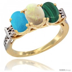 10K Yellow Gold Natural Turquoise, Opal & Malachite Ring 3-Stone Oval 7x5 mm Diamond Accent