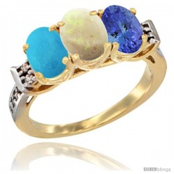 10K Yellow Gold Natural Turquoise, Opal & Tanzanite Ring 3-Stone Oval 7x5 mm Diamond Accent