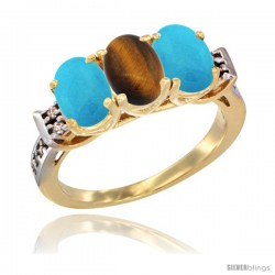 10K Yellow Gold Natural Tiger Eye & Turquoise Sides Ring 3-Stone Oval 7x5 mm Diamond Accent