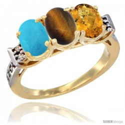 10K Yellow Gold Natural Turquoise, Tiger Eye & Whisky Quartz Ring 3-Stone Oval 7x5 mm Diamond Accent