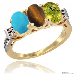 10K Yellow Gold Natural Turquoise, Tiger Eye & Lemon Quartz Ring 3-Stone Oval 7x5 mm Diamond Accent