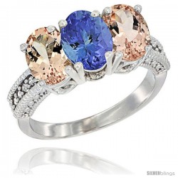 14K White Gold Natural Tanzanite & Morganite Sides Ring 3-Stone Oval 7x5 mm Diamond Accent