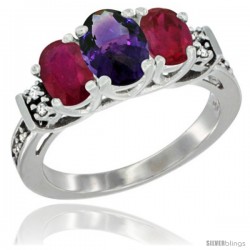 14K White Gold Natural Amethyst & Ruby Ring 3-Stone Oval with Diamond Accent