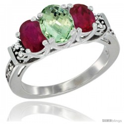 14K White Gold Natural Green Amethyst & Ruby Ring 3-Stone Oval with Diamond Accent