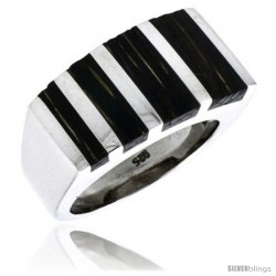 Sterling Silver Striped Rectangular Ring, w/ Ancient Wood Inlay, 9/16" (14 mm) wide