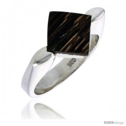 Sterling Silver Diamond-shaped Ring, w/ Ancient Wood Inlay, 9/16" (15 mm) wide