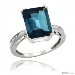 Sterling Silver Diamond Natural London Blue Topaz Ring 5.83 ct Emerald Shape 12x10 Stone 1/2 in wide -Style Cwg05149