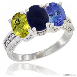 10K White Gold Natural Lemon Quartz, Lapis & Tanzanite Ring 3-Stone Oval 7x5 mm Diamond Accent