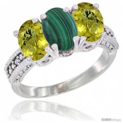 10K White Gold Natural Malachite & Lemon Quartz Sides Ring 3-Stone Oval 7x5 mm Diamond Accent