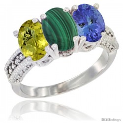 10K White Gold Natural Lemon Quartz, Malachite & Tanzanite Ring 3-Stone Oval 7x5 mm Diamond Accent