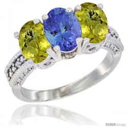 10K White Gold Natural Tanzanite & Lemon Quartz Sides Ring 3-Stone Oval 7x5 mm Diamond Accent